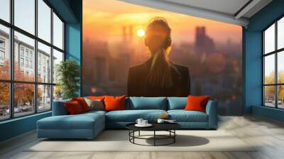 Business woman looking over the city at sunrise  Wall mural