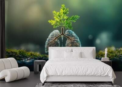 Conceptual image of a lungs depicted as a growing plant being watered, symbolizing mental growth and personal development Wall mural