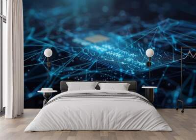 Digital generated image of blue glowing lines organized into plexus connection and forming credit card against black background Wall mural