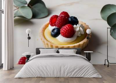 Delicious Lemon Tart with Fresh Raspberries and Blueberries on a Marble Background Wall mural