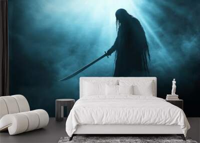 Gloomy maniac silhouette with long knife in rays of dim light. Dark spirit of terror ready to hunt. Evil ghost in creepy fog. Horror fantasy 2D illustration. Spooky clipart. Blue and black background Wall mural