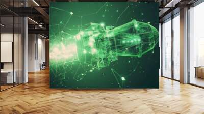 Green radiant light bulb spaceship launch with a wireframe electrical linkage structure. Low poly style design with an abstract geometric background. Isolated illustration. Modern 3D graphic concept Wall mural