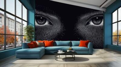 Halftone letter binary code pattern forming a pair of eyes. Coding language symbols forming a human form. Artificial intelligence technology futuristic background Wall mural