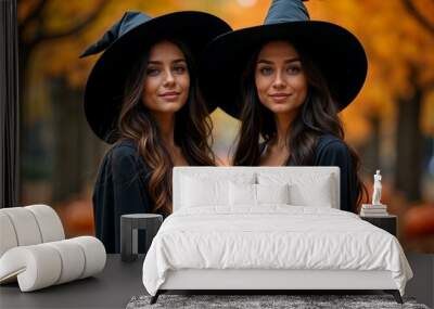 Halloween background two Hispanic female witches in black dresses with pumpkins and autumn trees Wall mural