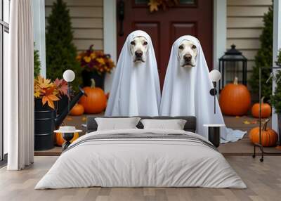 Halloween Ghost Dogs on Porch with Pumpkins and Autumn Leaves Wall mural