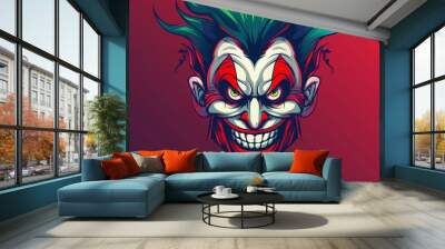 Mad crazy jester. Horror circus head. Cartoon design of creepy smile. Funny spooky man in a mask costume. Joker with angry look. Evil hand drawn halloween character  Wall mural