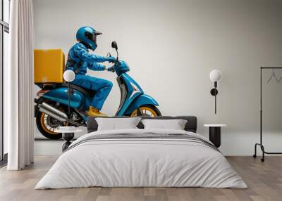 Man on Delivery Motorbike Isolated on Background: Ideal for Illustrating Fast Delivery Services, Logistics, and Urban Transportation Concepts - Perfect for Marketing, Ads, and E-Commerce Imagery. Wall mural