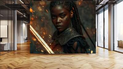 Portrait fantasy african american woman warrior holding magic weapon glowing sword weapon in hand. Dark queen girl in black military dress. Gothic lady elf fairy magician Wall mural