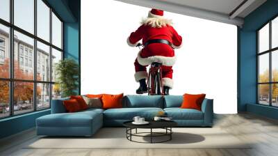 Portrait of Santa cycling from back, traditional Santa riding cycle confidently. Isolated on white background.  Wall mural