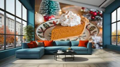 Pumpkin pie, christmas desserts, festive decorations, holiday feast, homemade meal, new year celebration, heartwarming dish Wall mural