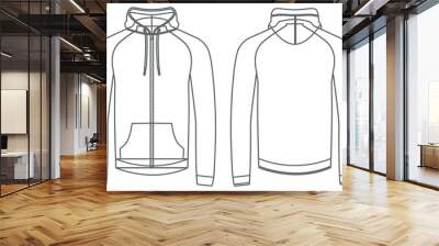 Rain jacket design flat sketch Illustration, Hooded sweater jacket with front and back view, winter hoody jacket for Men and women. for hiker, outerwear and workout in winter Wall mural