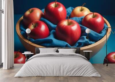 Red Apples beautifully covered with blue satin cloth in brown wooden bowl.  Wall mural