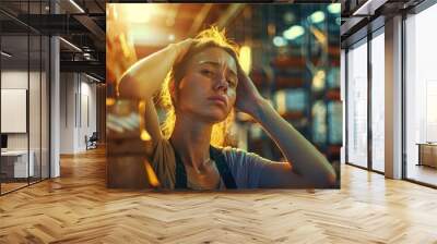 Tired stress woman staff worker sweat from hot weather in summer working in warehouse goods cargo shipping logistics industry Wall mural