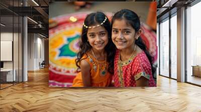 Two Indian Girls Enjoying Diwali Celebration with Colorful Rangoli and Diyas Wall mural