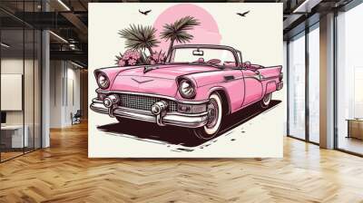 Vector illustration of a pink classic convertible retro car Wall mural