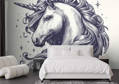 vector vintage illustration of unicorn in engraving style. Hand drawn portrait of magic animal isolated on white. Fantasy character sketch Wall mural