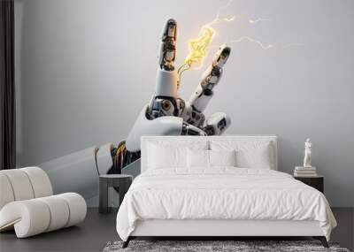 White luminous robotic hand pointing with two fingers on a white background  Wall mural