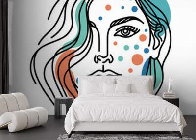 Woman face line art. Female portrait contour with colored spots. Isolated on white background. VECTOR Wall mural