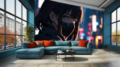 Stylish anime girl in a black face mask, captured in a vibrant HD wallpaper design Wall mural