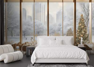 Elegant dining room, snowy cityscape, gold, white, brown, winter, festive celebration. 
 Wall mural