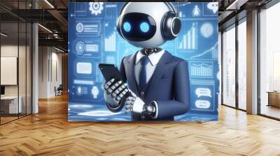 3D Render of Chat bot concept in a formal suit working on a phone Wall mural