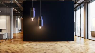 two pendant light bulbs burning on a dark and matt blue wall Wall mural