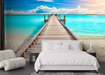 A Beautiful Wooden Pier Extending Into the Ocean on a Vibrant Sunny Day Wall mural