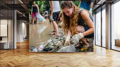 Woman Cleaning Trash in Muddy Area Wall mural