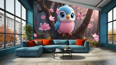 A cute baby cartoon bird with sky blue eyes and pink wings standing at the tree. Wall mural