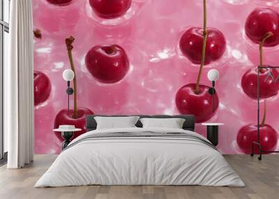 Wallpaper featuring cherries in pink water with light reflections Wall mural