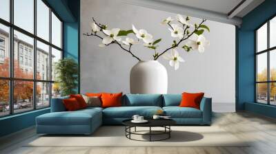 Dogwood branch in a white vase, minimal flower arrangement. Perfect for home decor, modern design, and elegant floral displays Wall mural