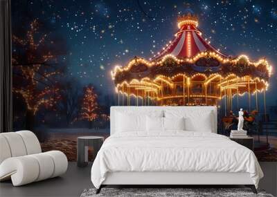 brightly lit carousel with horses and figures is under a starry night sky. Wall mural