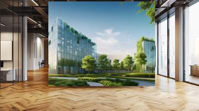 Modern Sustainable Glass Building with Natural Greenery Integrated into the Architecture for Eco-Friendly Urban Design Concepts Wall mural