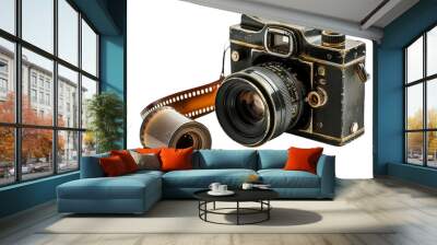 Vintage Film Camera Displayed with a Roll of Film Celebrating Classic Photography Isolated on Transparent Background PNG. Wall mural