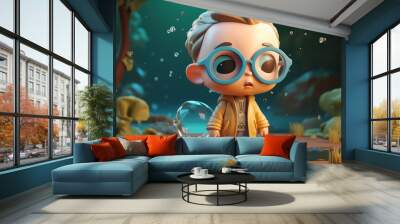 3d illustration of a little boy in the underwater world with bubbles Wall mural