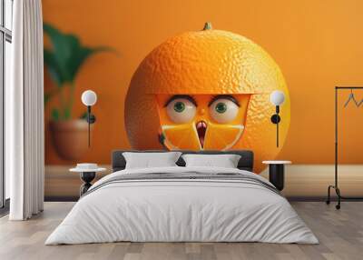 Funny orange character with a surprised face, 3d rendering. Wall mural