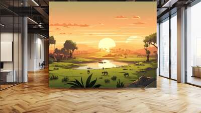 Illustration of a beautiful sunset in the jungle with a river and a hut Wall mural