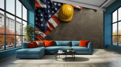 Yellow protective Construction helmet with American flag on empty background Space for text, top view . Labor Day

 Wall mural