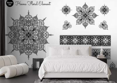 Vector set of henna floral elements. Ethnic Mandala ornament. Vector Henna tattoo style. Can be used for textile, greeting card, coloring book, phone case print. Wall mural