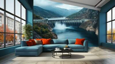 A hydroelectric dam with powerful water flows generating clean energy in a mountainous landscape, with copy space, Wall mural