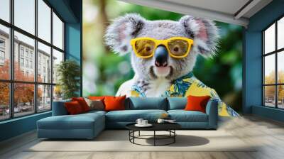 Koala in yellow sunglasses and Hawaiian shirt Wall mural