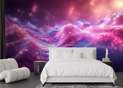 A vibrant and dynamic display of pink and purple futuristic space particles forms a mesmerizing and bright round energy structure, creating a space orb VFX design element that exudes abstract colorful Wall mural