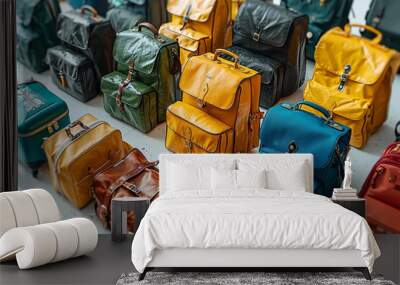 A wide-angle view captures vibrant array of suitcases and rucksacks isolated on a pristine white background, evoking excitement of a sunny summer morning as travelers eagerly prepare for their adventu Wall mural