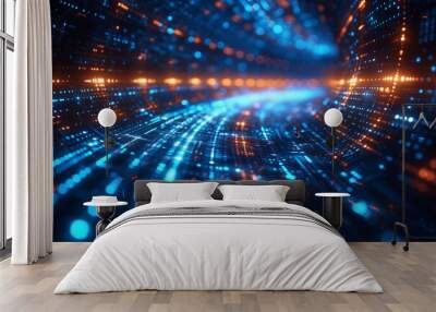 abstract digital background features a mesmerizing display of vibrant blue lines, creating a futuristic and dynamic technological atmosphere that captivates viewer's imagination with its sleek and mod Wall mural