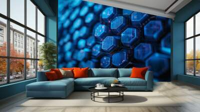 abstract technology background features a mesmerizing array of blue hexagons, creating a visually stunning and dynamic display that captures essence of modern innovation and digital advancement Wall mural