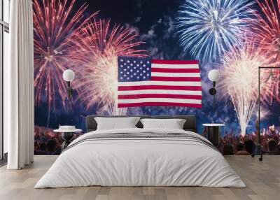 American citizens carry the US national flag, light fireworks and cheer for the Independence Day celebration.  Wall mural