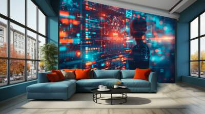 An abstract technology background featuring mixed media elements, with a virtual screen showcasing HR, human resources, global recruitment, and outsourcing concepts, creating a dynamic and interconne Wall mural