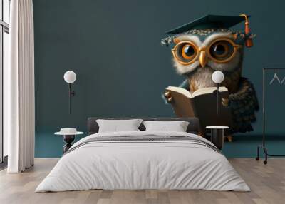 A studious owl character adorned with a graduation cap and glasses attentively reads a book, representing knowledge and education. Wall mural