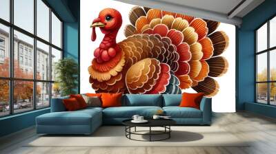 Vibrant illustration of a cartoon turkey with colorful feathers, ideal for Thanksgiving themes isolated transparent background, PNG Wall mural