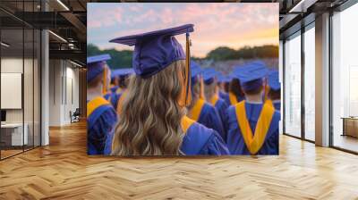 Group Cap Gown Graduates Seated Evening Stadium Sunset Graduation Ceremony Celebration Wall mural